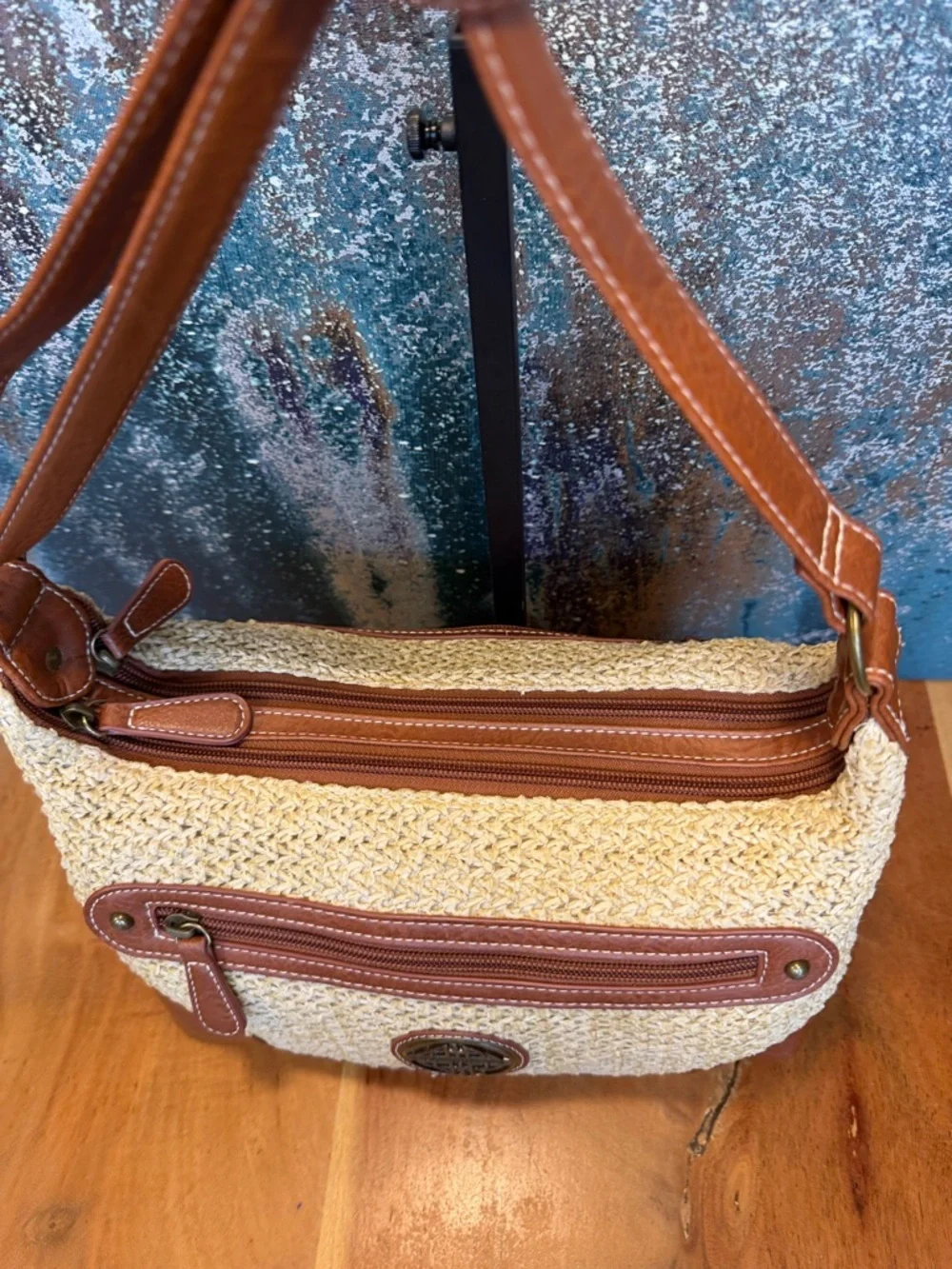 Stone Mountain Boho Woven Straw Faux‎ Leather Crossbody Shoulder Bag Tan  (VGUC)